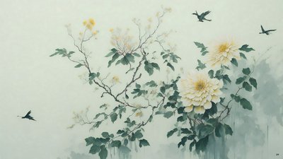 水墨画：菊の花・緑_01 作： Josef Johann Michel