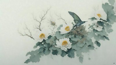 水墨画：菊の花・緑_02 作： Josef Johann Michel