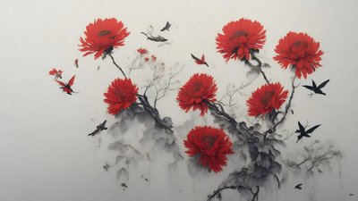 水墨画：菊の花・赤_01 作： Josef Johann Michel