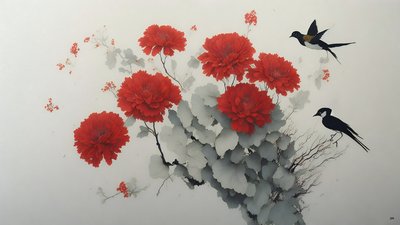 水墨画：菊の花・赤_02 作： Josef Johann Michel