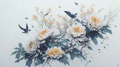 水墨画：菊の花・白_02 作： Josef Johann Michel