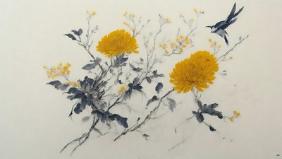 水墨画：菊の花・黄_01 作： Josef Johann Michel