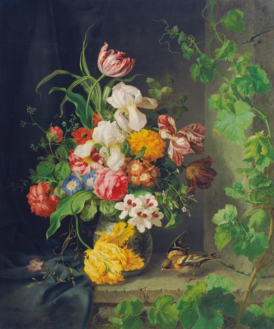 スズメとツルの花のある静物 作： Josef Lauer