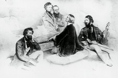 リスト宅でのマチネー、左からクリーフーバー、作曲家ヘクトール・ベルリオーズ（1803-1869）、リストの師匠カール・ツェルニー（1791-1857）、フランツ・リスト（1811-1866）、ヴァイオリニストのハインリッヒ・ヴィルヘルム・エルンスト（1840-1865）、リトグラフ：ヨーゼフ・クリーフーバー（1800-1876）。 作： Josef Nikolaus Kriehuber