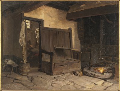 コテージインテリア（石材に取り付けられた紙に油彩） 作： Josef Wilhelm Wallander