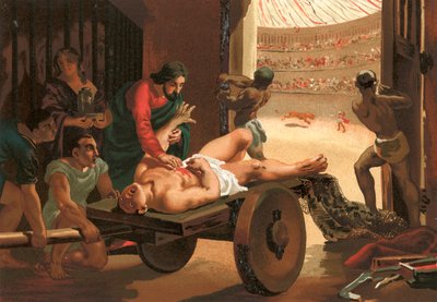 ベルガモのサーカスで負傷した剣闘士を助けるガレン 作： Josep or Jose Planella Coromina