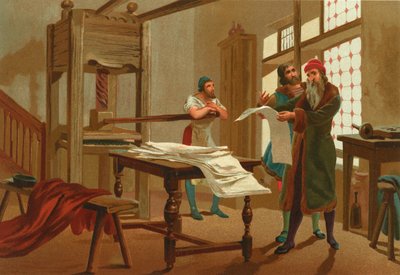 グーテンベルクは聖書の最初のページを印刷します 作： Josep or Jose Planella Coromina