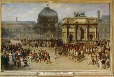 1810年、パリのチュイルリー宮殿の前で行われた軍隊観閲式。 作： Joseph-Louis-Hippolyte Bellange