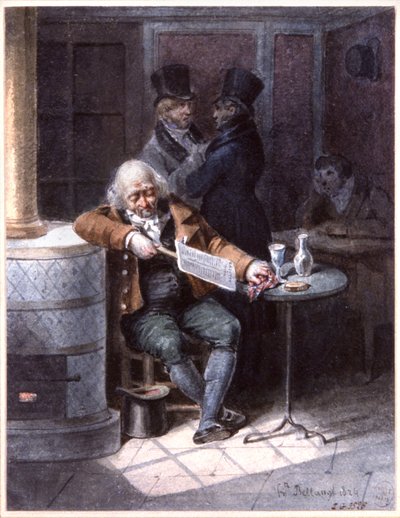 パリのカフェで新聞を読む老人 作： Joseph Louis Hippolyte Bellange