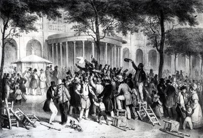7月26日、パリ王宮の庭園で「モニトゥール」紙に掲載された判決文を読む 作： Joseph Louis Hippolyte Bellange