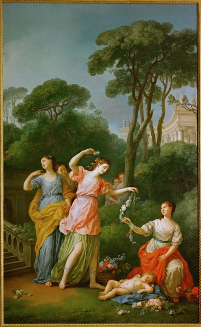 眠っているアモールに花輪を捧げるギリシャの少女たち... 作： Joseph-Marie the Elder Vien