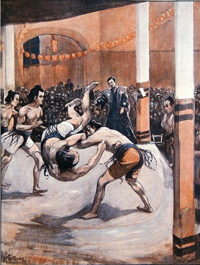 日本の伝統的な相撲。1910年にロンドンで開催された日本博覧会で相撲を披露する力士たち（カラーリトグラフ） 作： Joseph (after) Finnemore