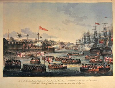 1825年5月11日、サー・アーチボルド・キャンベルの命令を受けたベンガルとマドラスの連合軍の一部がラングーンに上陸した様子、Henry Pyall（1795-1833）による刻印、1825年（手彩色アクアチント）。 作： Joseph (after) Moore