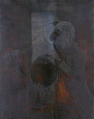 キャンドルライトの下で膀胱を吹く二人の少年のためのプレート、ピーター・ペレス・バーデット（1735-93）によるアクアチント（272306参照）。 作： Joseph (after) Wright of Derby