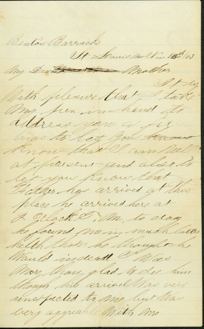 ムーア州セントルイス、ベントン・バラックスのJoseph A. Fardellのサイン入り手紙、1863年11月12日、母宛 作： Joseph A. Fardell
