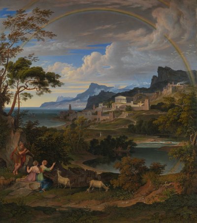 虹のある英雄的な風景、1824年。 作： Joseph Anton Koch