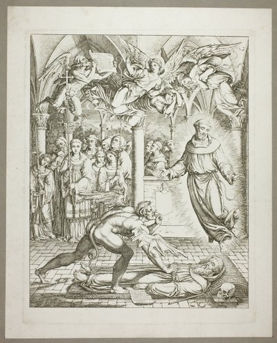 グイド・ダ・モンテフェルトロの魂をめぐる悪魔とアッシジの聖フランチェスコの闘争（『ダンテの寓話』より3枚目 作： Joseph Anton Koch