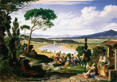 1817年の陽気な田舎民のテヴェレ川の風景 作： Joseph Anton Koch