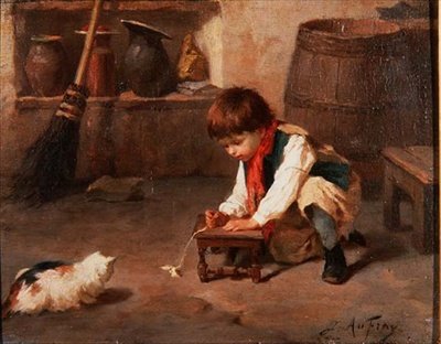 子猫と遊ぶ（パネル） 作： Joseph Athanase Aufray