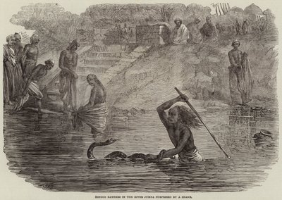 蛇に驚かされたジュムナ川のヒンドゥー海水浴客 作： Joseph Austin Benwell