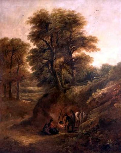 ジプシーが火を囲んでいる森の風景（油彩・キャンバス 作： Joseph Barker
