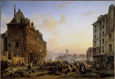 Les Trois Glorieuses（7月27日、28日、29日）。"1830年7月28日のパリ市庁舎襲撃事件" ジョセフ・ボーム（1796-1885）の絵画 1831年 日1,45x2.1 m 作： Joseph Beaume