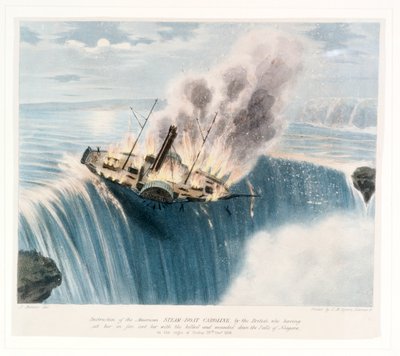 1838年12月29日金曜日の夜、ナイアガラの滝を下るアメリカの蒸気船キャロライン号が、イギリス軍によって破壊された。1838 作： Joseph Bouvier