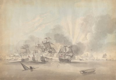 戦闘シーン: 戦艦、フリゲート艦、コルベット。 沈没船と手漕ぎボート 作： Joseph Cartwright