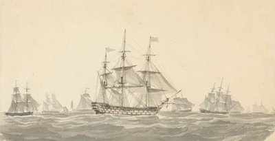 荒れた海で他のいくつかに囲まれた戦艦の側面図 作： Joseph Cartwright