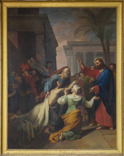 ナイムの未亡人の息子の復活。 Jacques Chabord (1786-1848) によるキャンバスに油彩。 サンス大聖堂の身廊 作： Joseph Chabord