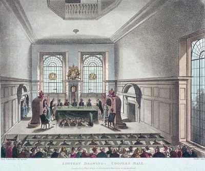 国営宝くじの抽選、クーパーズ ホール、ロンドン、1809 年 作： Joseph Constantine Stadler