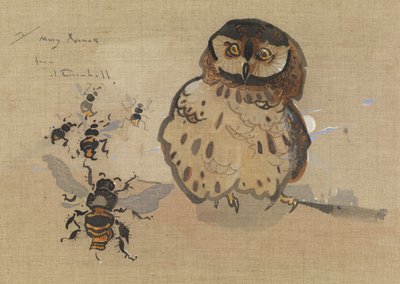 フクロウとミツバチ（リネンにグワッシュ） 作： Joseph Crawhall