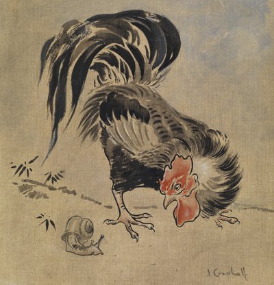 スペインコックとカタツムリ（リネンにグワッシュ） 作： Joseph Crawhall