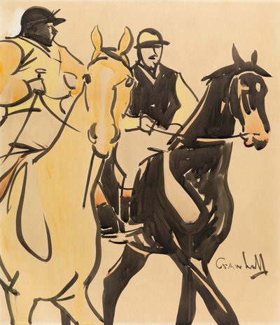 二人の紳士ライダー（ボードにグワッシュ） 作： Joseph Crawhall
