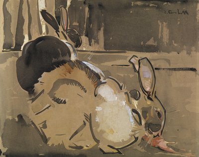 2匹のウサギ、1匹はニンジンを食べる（紙に水彩、ボディカラー） 作： Joseph Crawhall