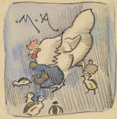 白い雌鶏と鶏、1901年頃、紙にチョーク、鉛筆、水彩 作： Joseph Crawhall