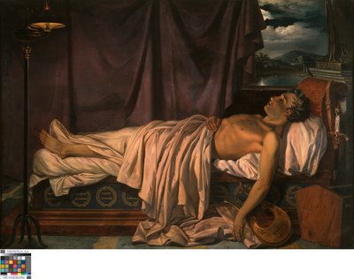 死の床でのバイロン卿、1826年頃（キャンバスに油彩） 作： Joseph Denis Odevaere
