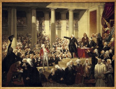 フランス革命。ミラボー伯爵オノレ・ガブリエル（Honore-Gabriel）リケティ（1749-1791）が、代議員会でドリュー・ブリーズ（Dreux-Breze）侯爵アンリ・エヴラール（Henri-Evrard）（1762-1829）の前で、6月23日 作： Joseph Desire Court