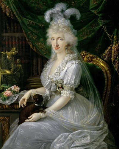 ドイツ語：ナポリ・シチリア大公妃マリー・ルイーゼ（ルドヴィカ）（1773-1802）、トスカーナ王フェルディナンド3世の妻、テーブルに座る、ナポリ・シチリア大公妃ルイザ・マリア・アメリア・テレサ（1773-1802）の膝丈の肖像画。 作： ジョセフ・ドルフマイスター