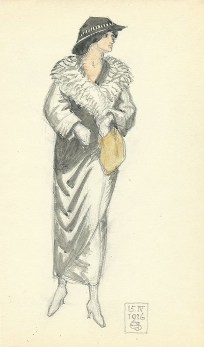 ファッショナブルな女性、15.IV.1916、1916（ペンとインク、紙にトイレ） 作： Joseph Edward Southall