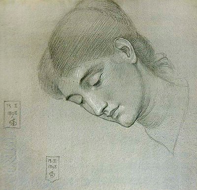 下を向く少女のヘッドスタディ 作： Joseph Edward Southall