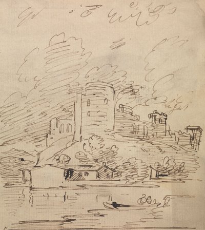 川上の丸い塔のある城 作： Joseph Farington