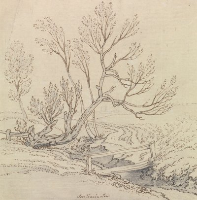 柳の木の近くの小川に架かる歩道橋 作： Joseph Farington