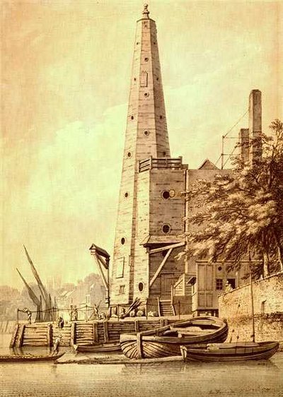 1791年5月20日、ホワイトホールのヨークビルにある古い給水塔（インク＆ウォッシュ） 作： Joseph Farington