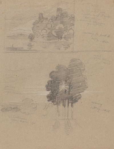 城と木の2つのスケッチ; 朝と夕方 作： Joseph Farington