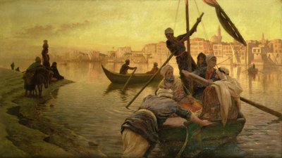 カイロで：ナイル川のガジリー島からのフェリーまたはカイロ港のブラハ 作： Joseph Farquharson