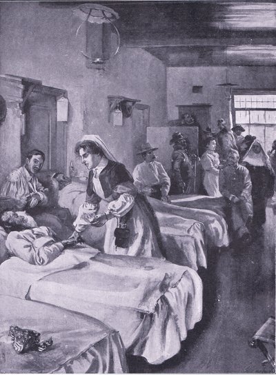シモンズタウンのパレス病院のボーア人囚人、プレトリア後のイラスト：ゲリラ戦争、1902 作： Joseph Finnemore
