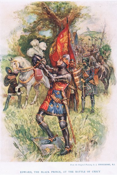 エドワード、クレシーの戦いでの黒の王子、「イギリスの歴史からの子供たちの物語」c.1920からのイラスト 作： Joseph Finnemore