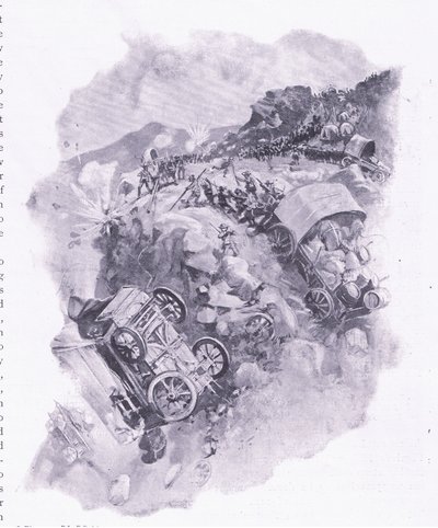 スピッツコップでワゴンを破壊するボーアーズ、イラスト：プレトリア後：ゲリラ戦争、1902年 作： Joseph Finnemore