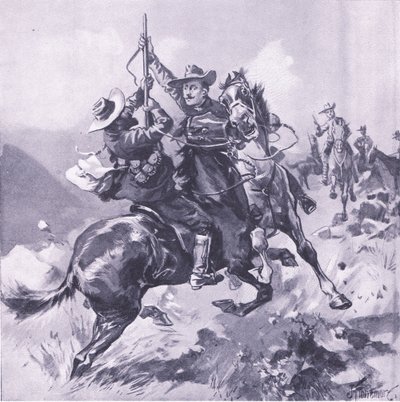 フィールドコルネットスウェインプールのキャプチャ、プレトリア後のイラスト：ゲリラ戦争、1902 作： Joseph Finnemore